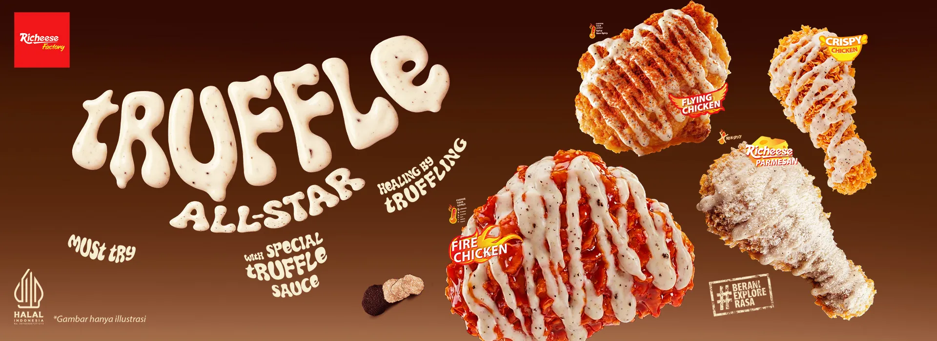 Ayam crispy Chicken RichCheese dengan saus keju melimpah